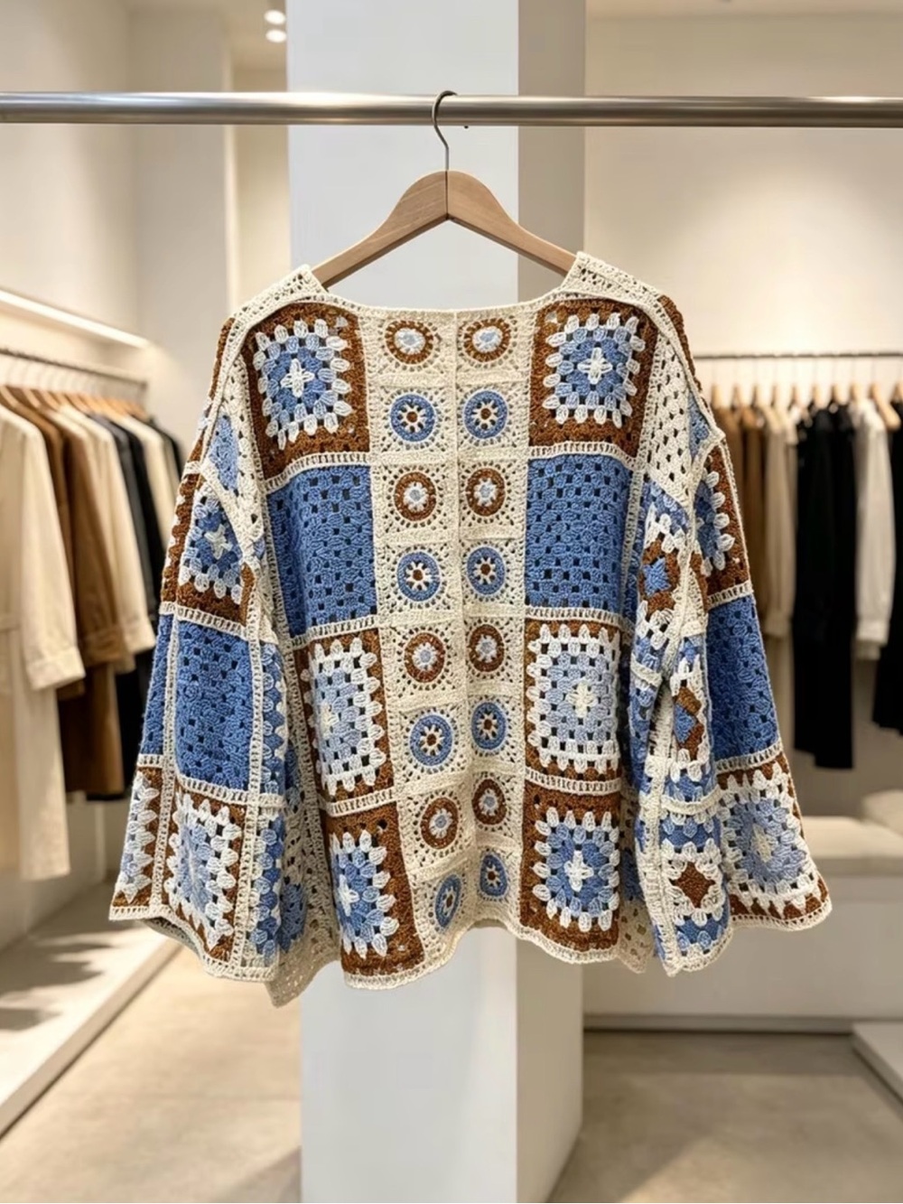 Boho Crochet Patchwork Cardigan Sweater - Multicolor Blue New One Size Fits Most - Picture 3 of 6